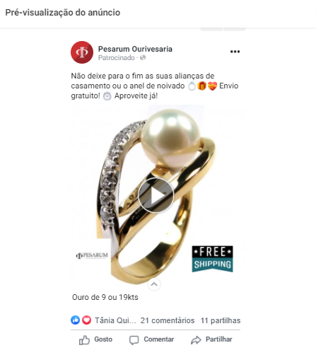 facebook ads formato vídeo da ourivesaria pesarum